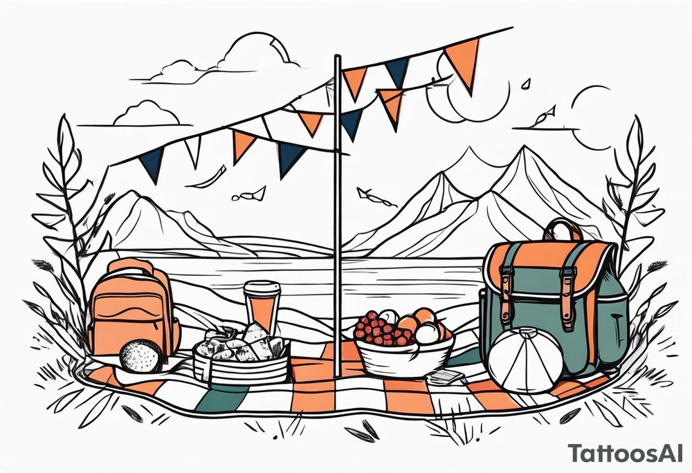 picnic scene in nature with a blanket, a basket, a backpack and party pennants. Thin lines. tattoo idea