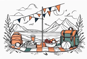 picnic scene in nature with a blanket, a basket, a backpack and party pennants. Thin lines. tattoo idea