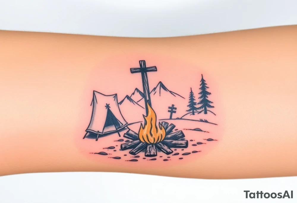Campsite with a campfire with a cross tattoo idea