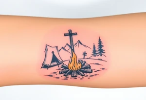 Campsite with a campfire with a cross tattoo idea