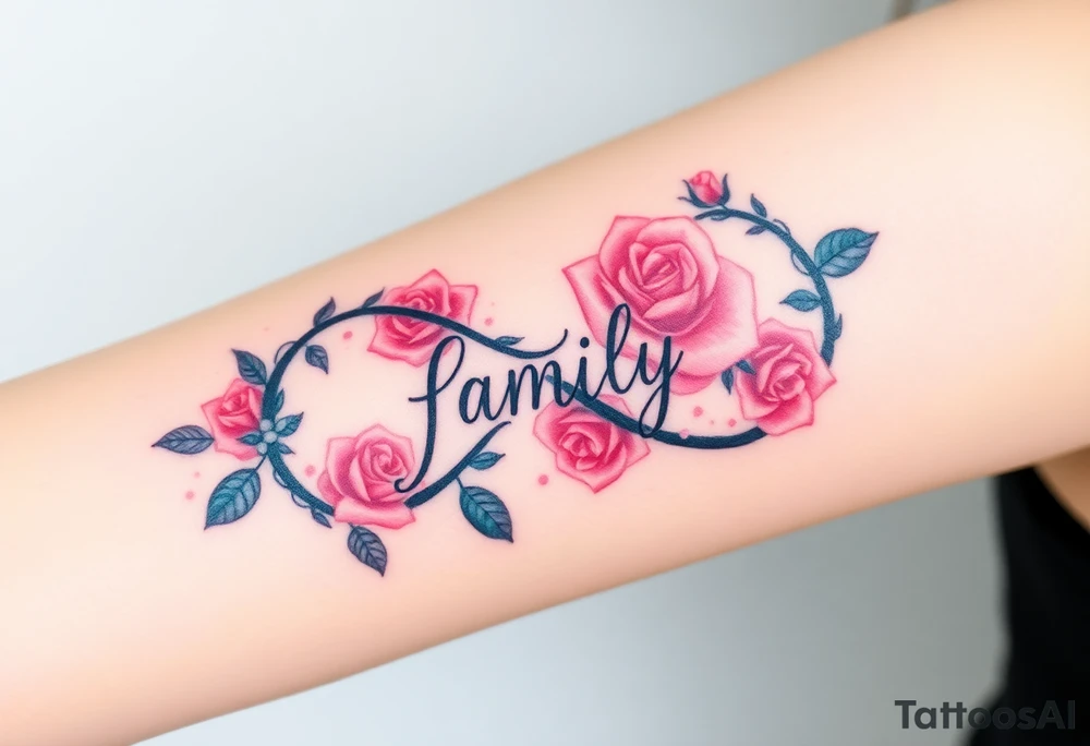 A infinity symbol made of delicate roses, with the word "family" carved into the petals tattoo idea