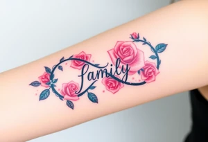 A infinity symbol made of delicate roses, with the word "family" carved into the petals tattoo idea
