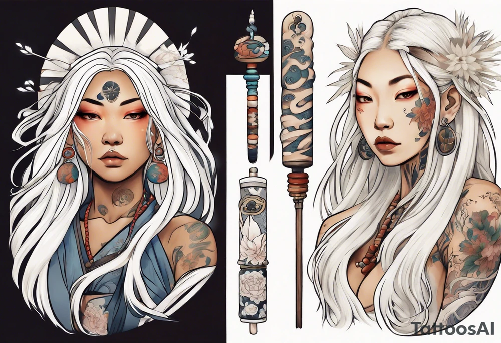a beautiful indigenous woman with long white hair holding a white wand tattoo idea