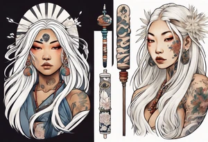 a beautiful indigenous woman with long white hair holding a white wand tattoo idea