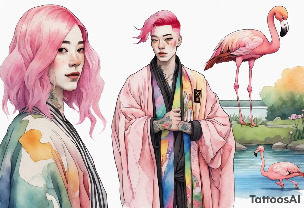 a smiling nonbinary person with pink hair wearing a rainbow medieval robe standing next to a single flamingo near a pond tattoo idea