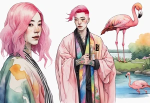 a smiling nonbinary person with pink hair wearing a rainbow medieval robe standing next to a single flamingo near a pond tattoo idea