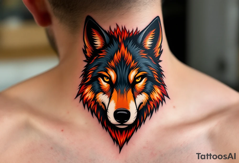 Fire-wolf head with orange and dark charcoal fur blending together. The fur tips fade into burnt red, resembling embers. tattoo idea