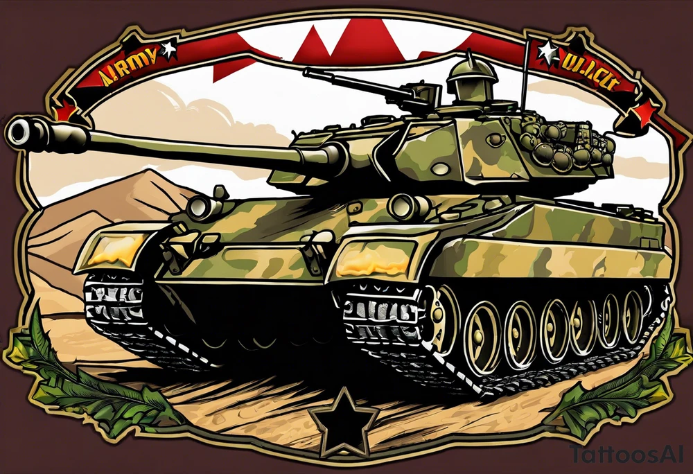 US Army 2nd Armored Division patch with dog tags & chain draped over the patch and M1 tank battle in background tattoo idea