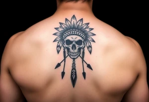 Native American skull with head dress and arrows below tattoo idea