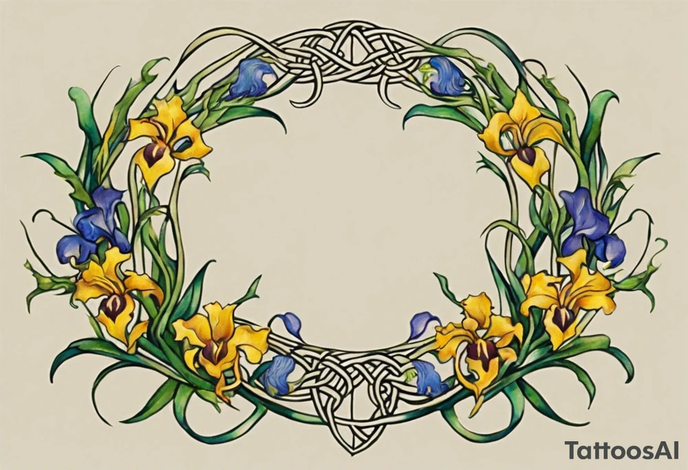 Create a small, colorful Vincent van Gogh Irises tattoo in the form of a crescent, with vines in Celtic knot style gracefully intertwining at a central point in the middle of the wreath. The intended placement is on the upper chest. The middle needs mountains. The overall design should be small in size while maintaining a delicate and artistic aesthetic. Pay attention to the graceful flow of the vines and the placement of the irises to achieve a refined and elegant look. tattoo idea