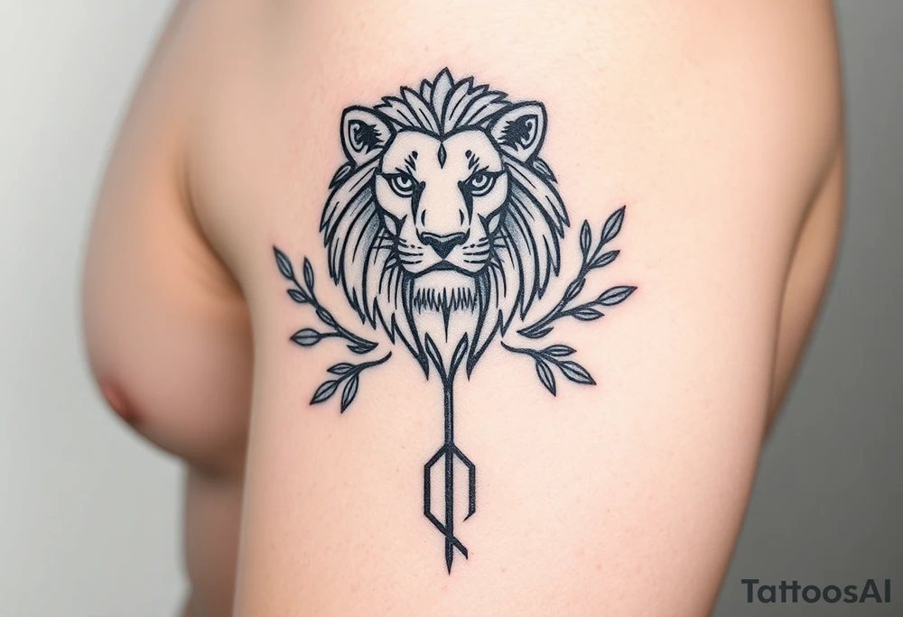make me a realistic a Leo with an arrow coming out down and two sides surrounded by an olive tree leaf tattoo idea