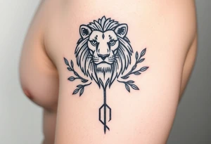 make me a  realistic  a Leo   with an arrow coming out down and two sides surrounded by an olive tree leaf tattoo idea