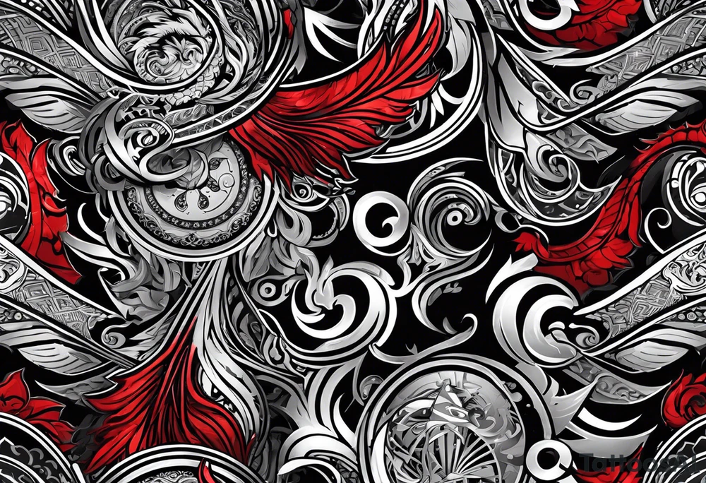 Arm sleeve, black, gray, silver, red, tribal, include elements of fire, include elements of  motorcycles, include elements of  Folkstyle wrestling tattoo idea