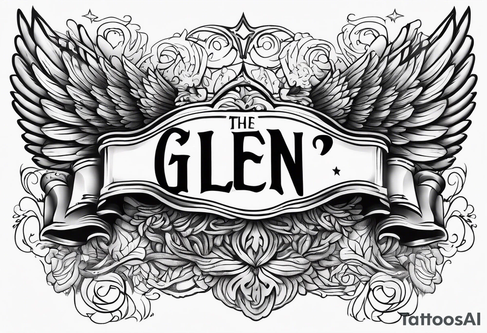 The word Glenn on a banner with angel Wings tattoo idea