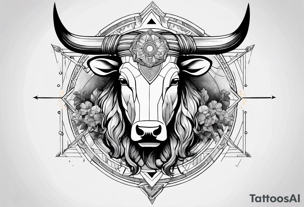 Taurus head with the planets positions on May 20th, 1989. With an arrow splitting the head. Half geometric and half realistic tattoo idea