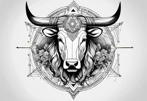 Taurus head with the planets positions on May 20th, 1989. With an arrow splitting the head. Half geometric and half realistic tattoo idea