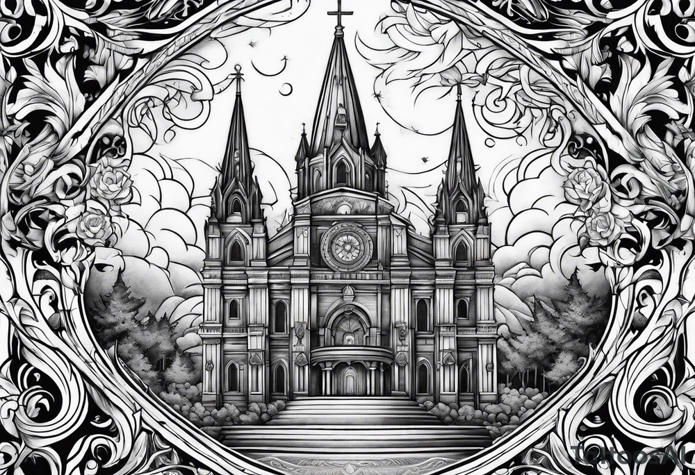 cathedral on fire boarder tattoo idea
