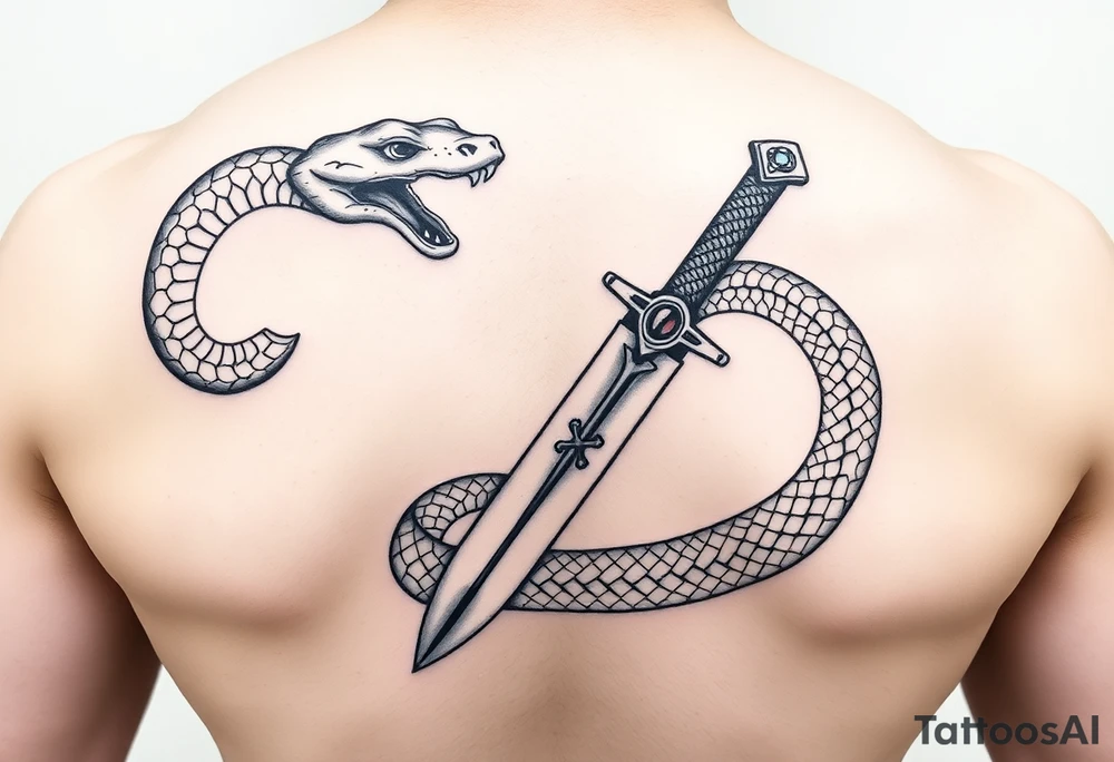mystical snake coiled around an ancient dagger with jeweled hilt tattoo idea