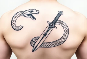 mystical snake coiled around an ancient dagger with jeweled hilt tattoo idea