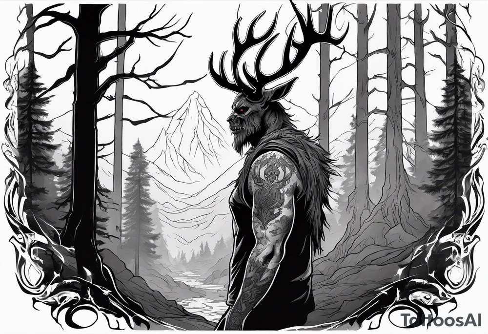 A scary terrifying horrifying zombie lore accurate wendigo side profile surrounded by a forest fire in background tattoo idea