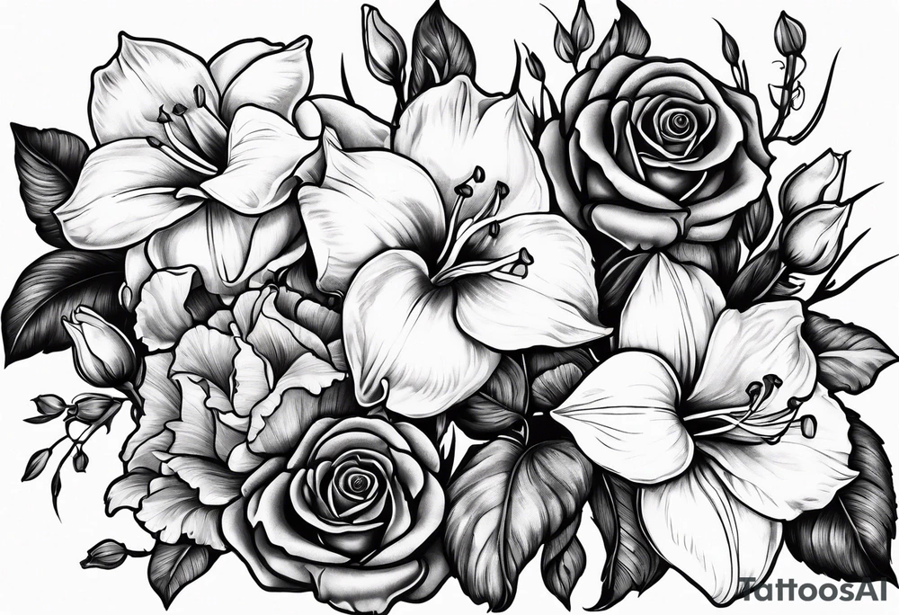 rose, violet, lilly of the valley, gladiolus, and narcissus tattoo idea