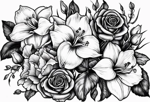 rose, violet, lilly of the valley, gladiolus, and narcissus tattoo idea