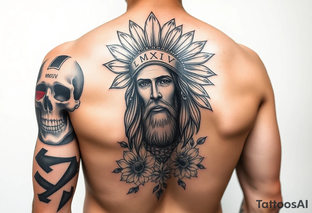 Arm sleeve tattoo. Starting at the shoulder black Indian headdress skull face with red strip war paint on left side of skull, Jesus Christ on forearm, floral background, MMXII and MMXIV on each side of Jesus. tattoo idea