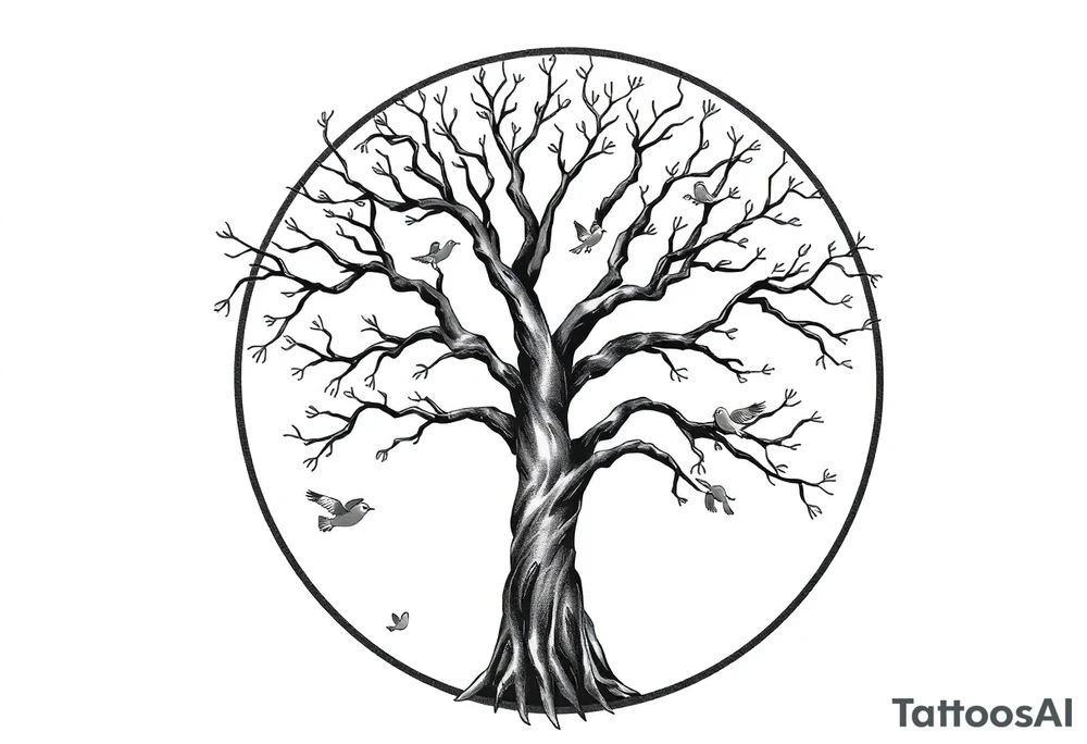 Tree of life in a broken circle with birds flying out tattoo idea