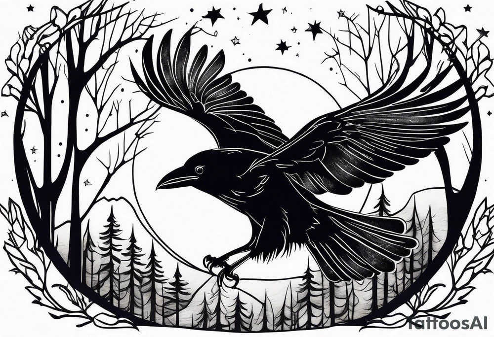 Raven in flight, head down, knowing, ethereal, moon stars and trees in the background tattoo idea