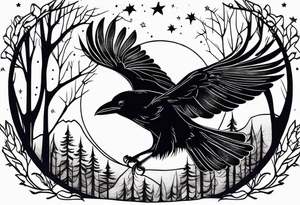 Raven in flight, head down, knowing, ethereal, moon stars and trees in the background tattoo idea