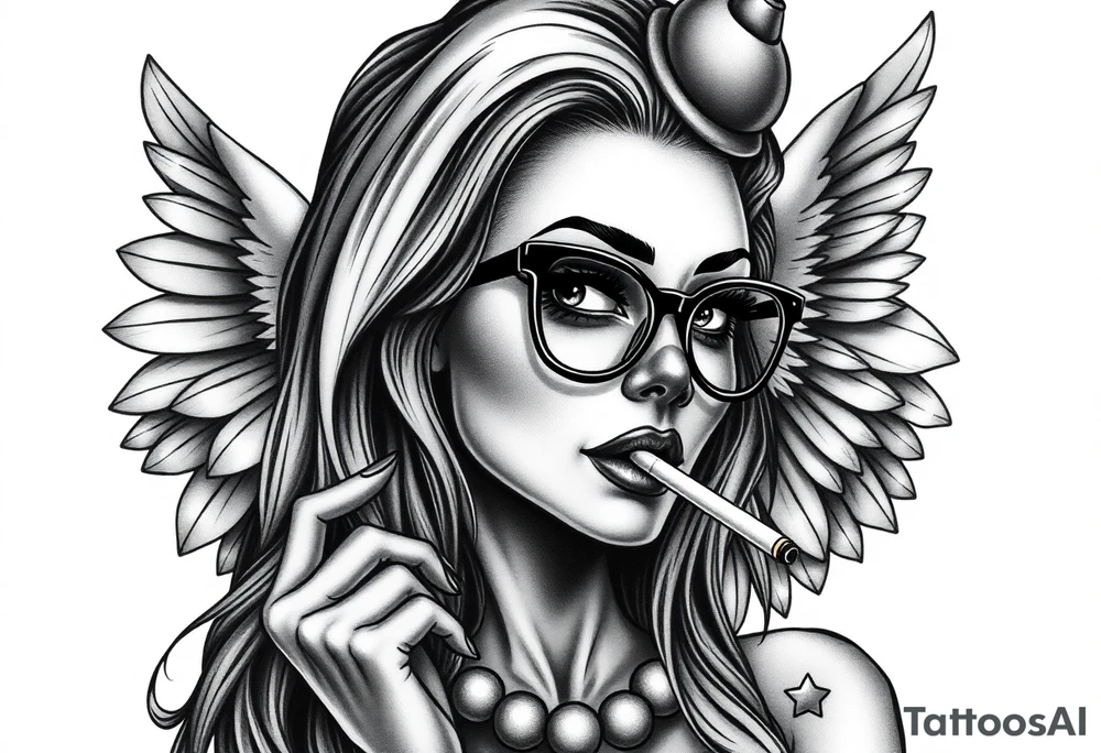 beautiful long hair pin up Clown Girl thug eyeglasses  angelic wings smoking a cigarette tattoo idea