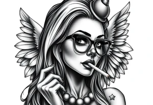 beautiful long hair pin up Clown Girl thug eyeglasses  angelic wings smoking a cigarette tattoo idea