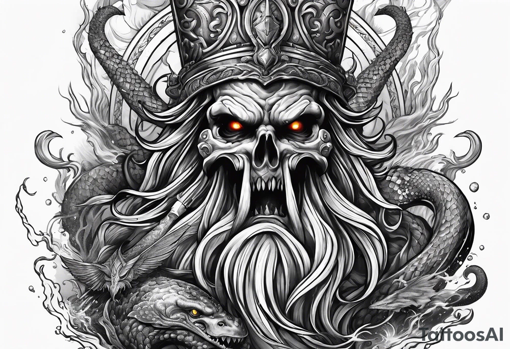 Kraken attacking Poseidon thrusting trident tattoo idea