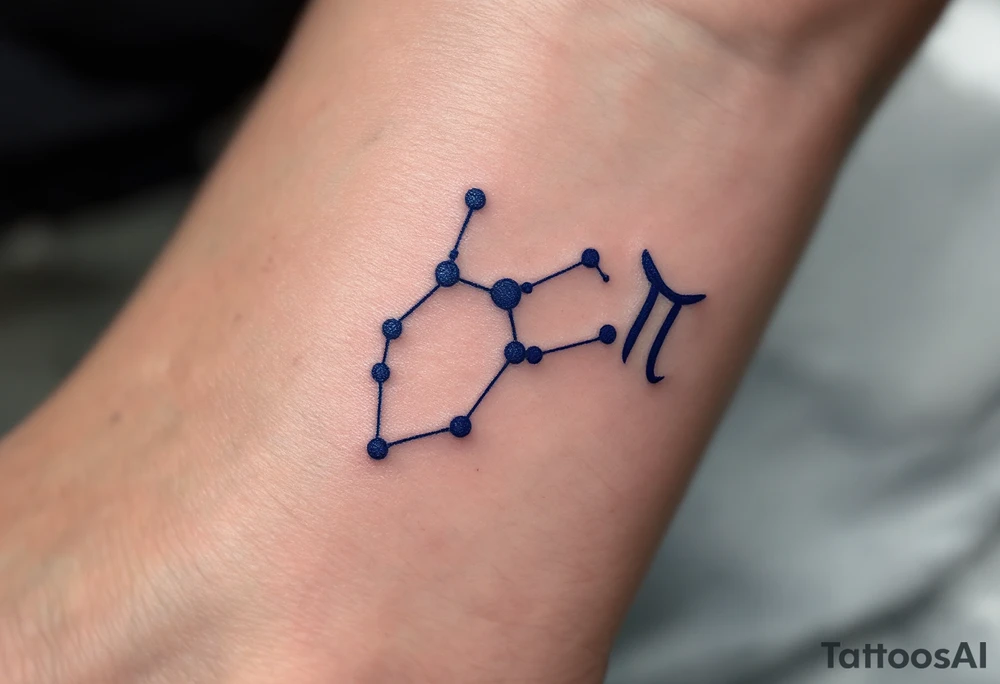 A bold constellation in sapphire ink arcs over a pale Pisces glyph, creating a celestial connection on the wrist. tattoo idea