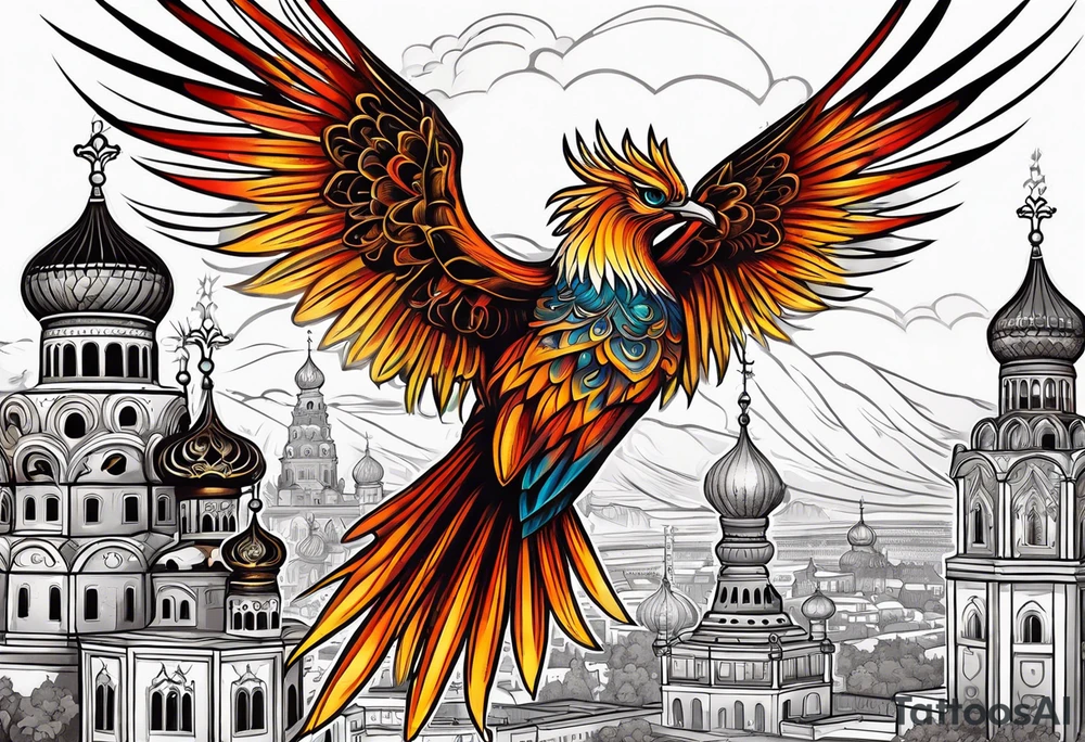 russian firebird in-flight with fancy tail and small onion cap monastery towers in background tattoo idea