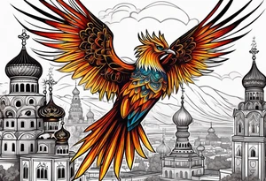 russian firebird in-flight with fancy tail and small onion cap monastery towers in background tattoo idea