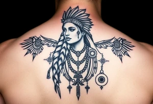 Purepecha princess surrounded by purepecha symbols historic tattoo idea