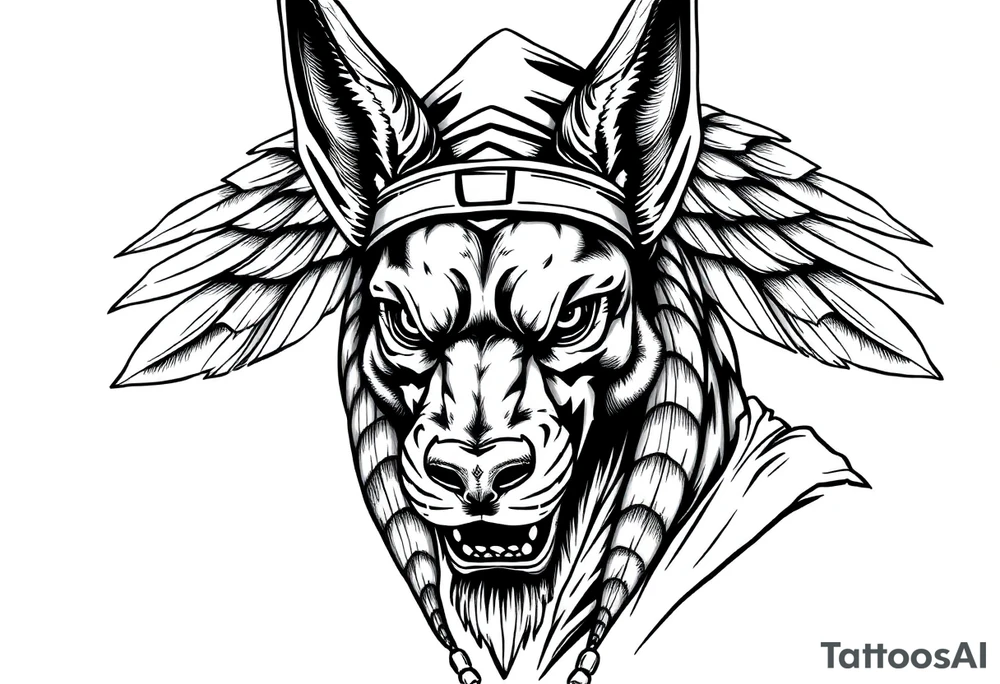 Egyptian Anubis god powerful face muscle in Egypt style with mantle on head dog face long ears tattoo idea