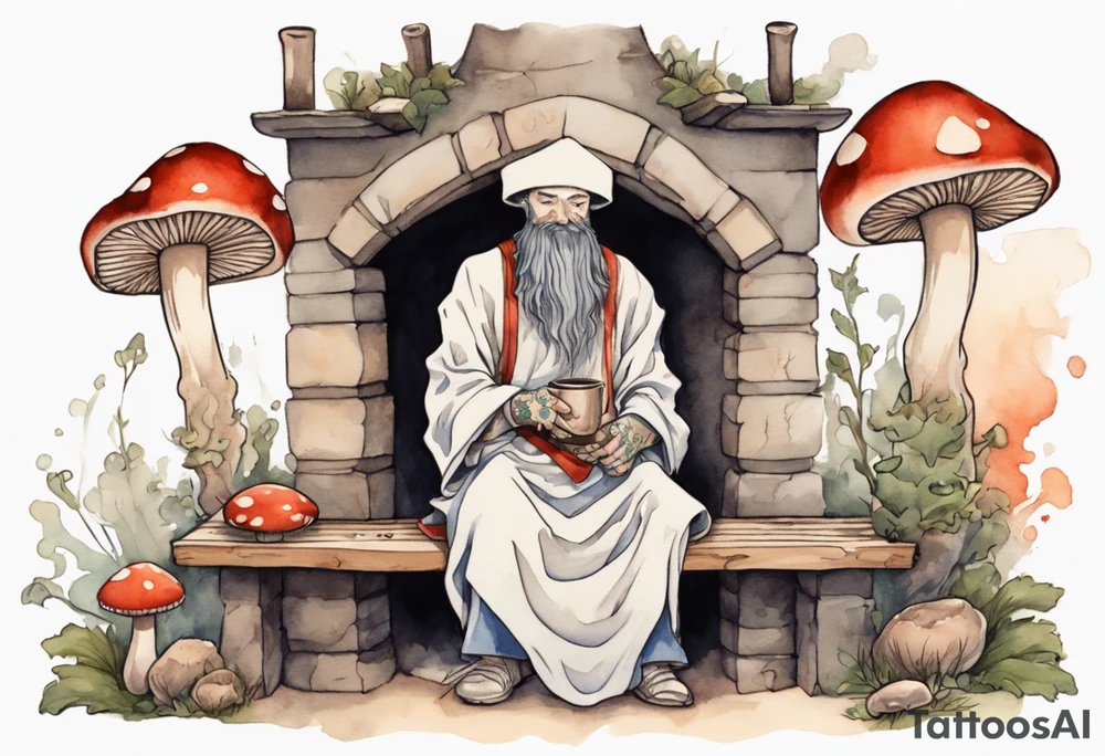 a mushroom-creature with a beard wearing a medieval tunic sitting on a bench by a fireplace drinking from a wood cup, happy tattoo idea