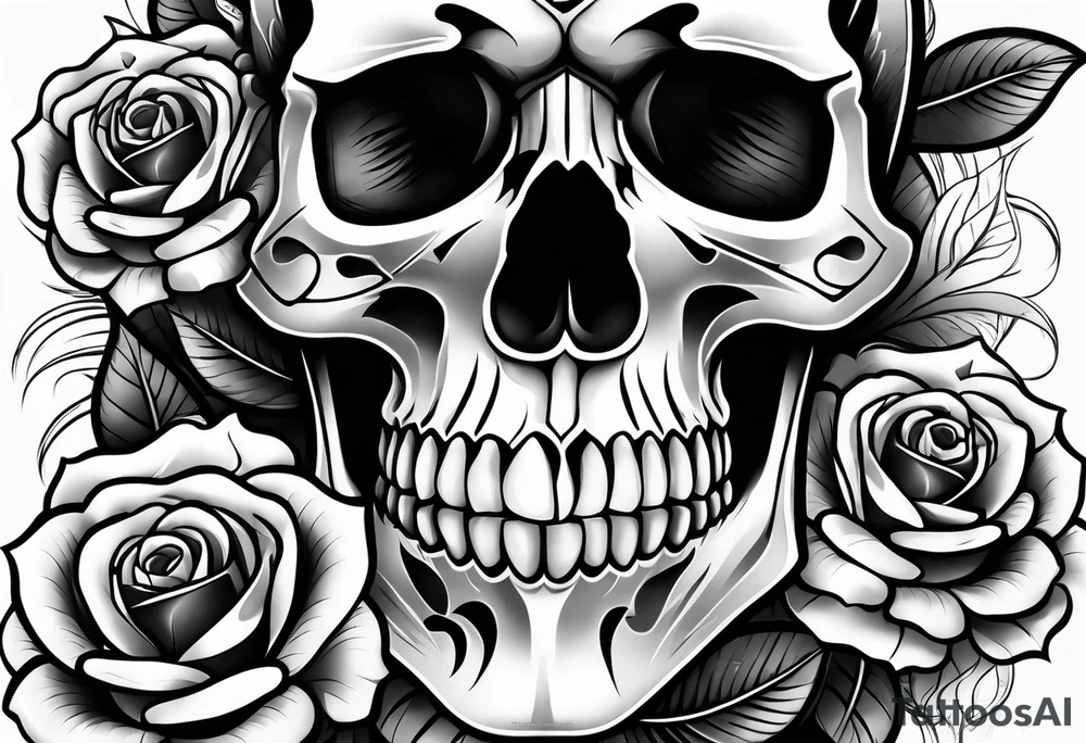 black upper arm sleeve skull rose tattoo idea