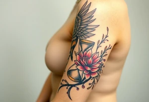 the phoenix and hour glass with lotus flower in kintsugi heart design tattoo idea