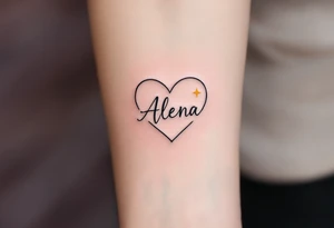 A fine-line heart in black, with the name "Alena" scripted inside in a rich gold font, paired with a small, soft yellow star to symbolize guidance. tattoo idea