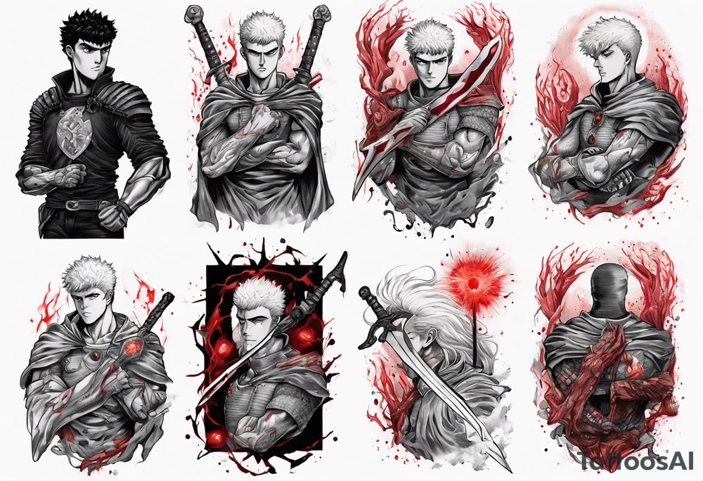 guts from berserk, griffith from berserk, busker sword, curse mark, red glowing elements, neotraditional style sleeve tattoo idea
