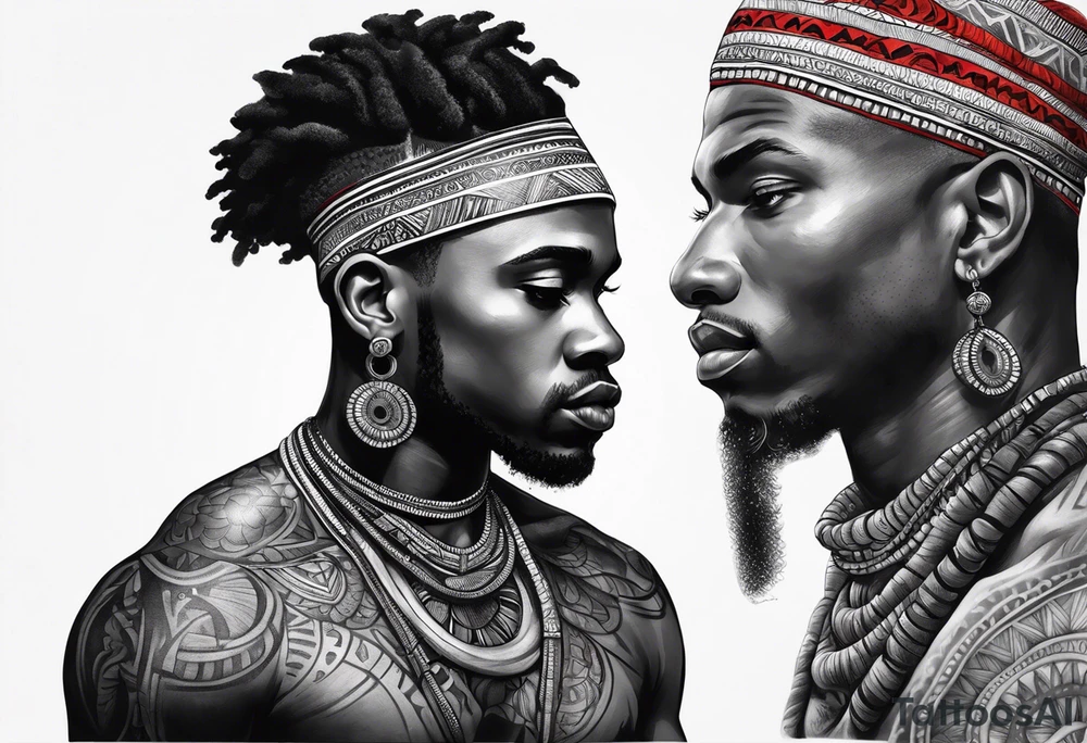 homem divindade africano realista em preto e cinza com os olhos brancos e fundo com tons de vermelho tattoo idea