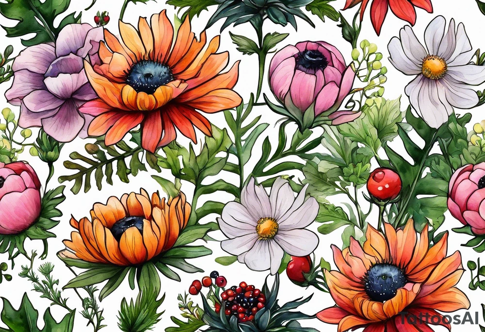 wildflowers with thistles, ferns, white anemones, sun flowers, orange flowers, green flowers, pink flowers, red flowers, berries and all in watercolor tattoo idea