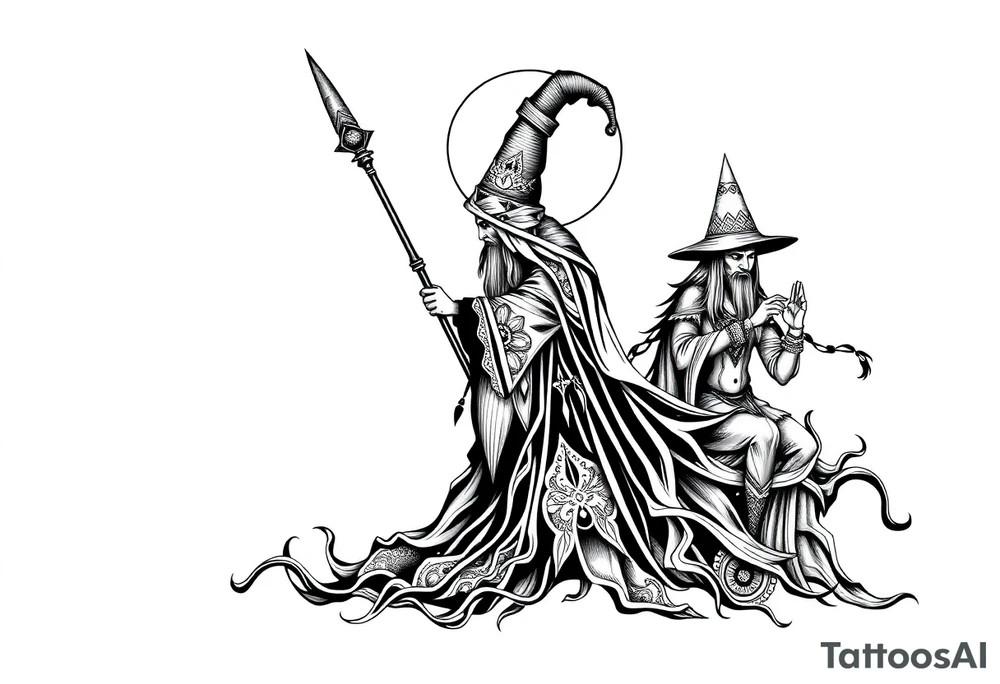 long shaman and witch abstracstyle mytical with ancient rhyme tattoo idea