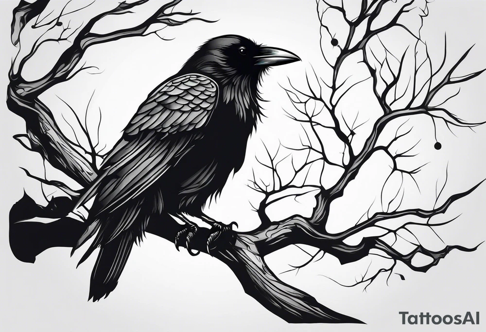 a black raven hanging on a tree branch tattoo idea
