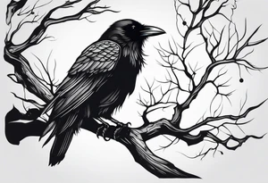 a black raven hanging on a tree branch tattoo idea