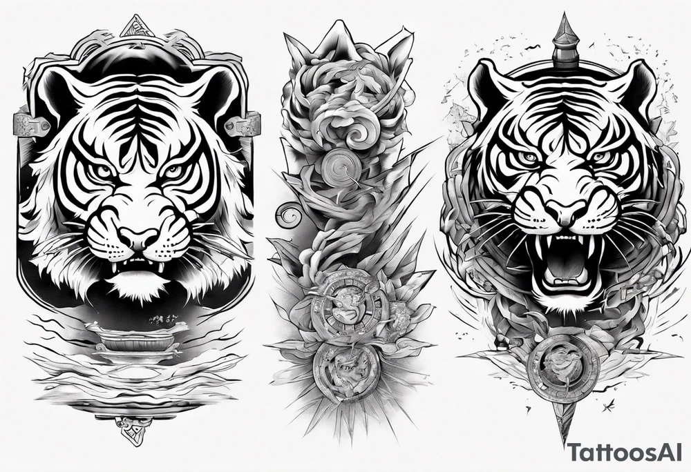 Ancient tiger with lightning and a sun for a forearm sleeve. With patterns surrounding it tattoo idea