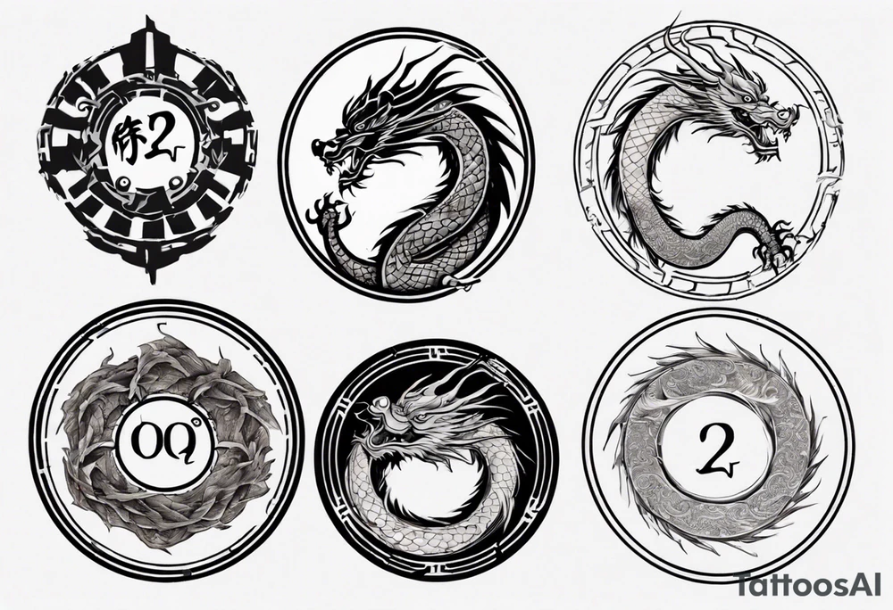 Chinese dragon in a circular shape with "02.03" written on its skin tattoo idea